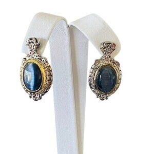 Vintage Silver & Gold-Tone Moonstone Oval Post Back Earrings With Ornate Detaili